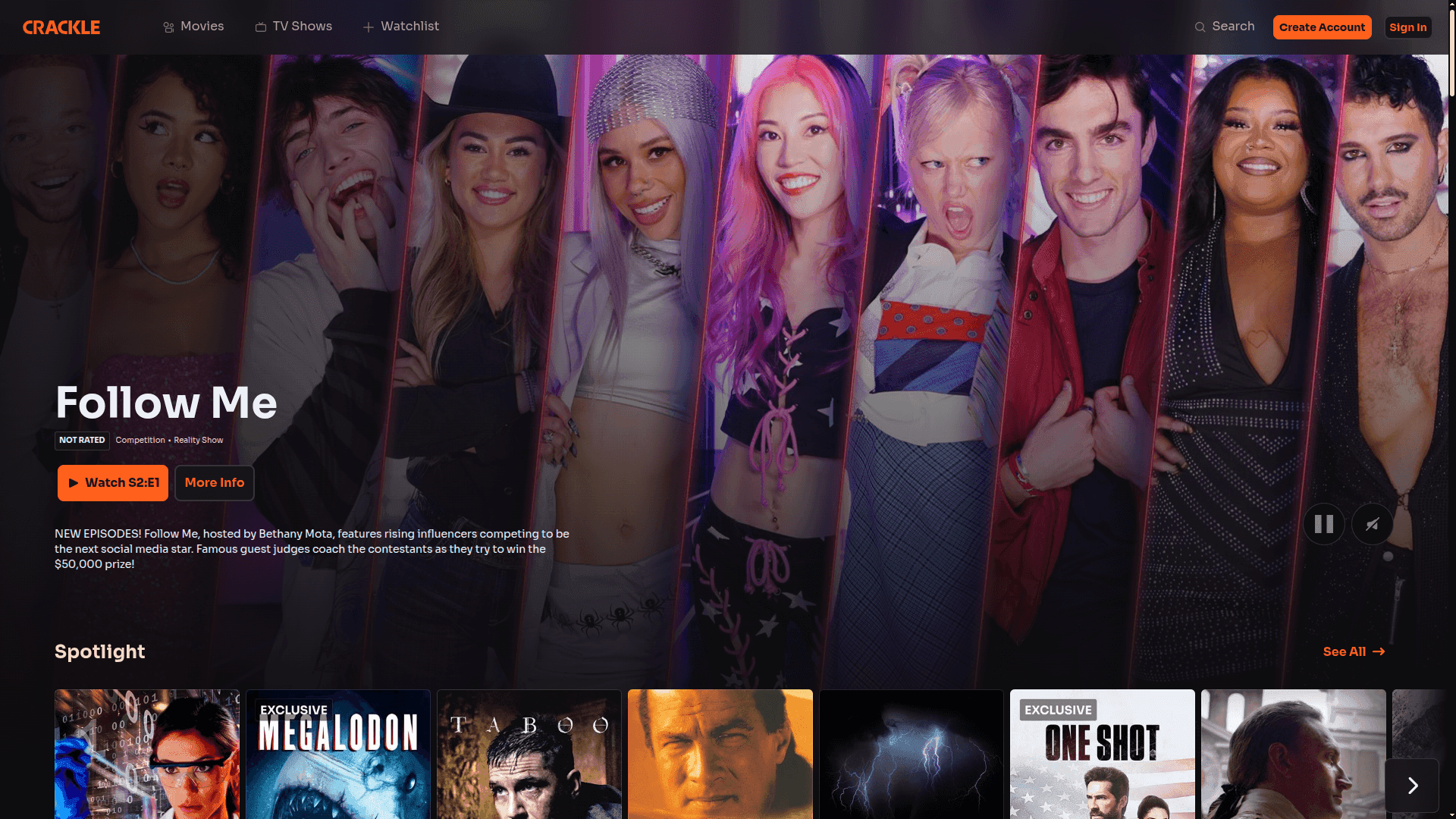 Crackle Homepage Featuring "Follow Me" Reality Show