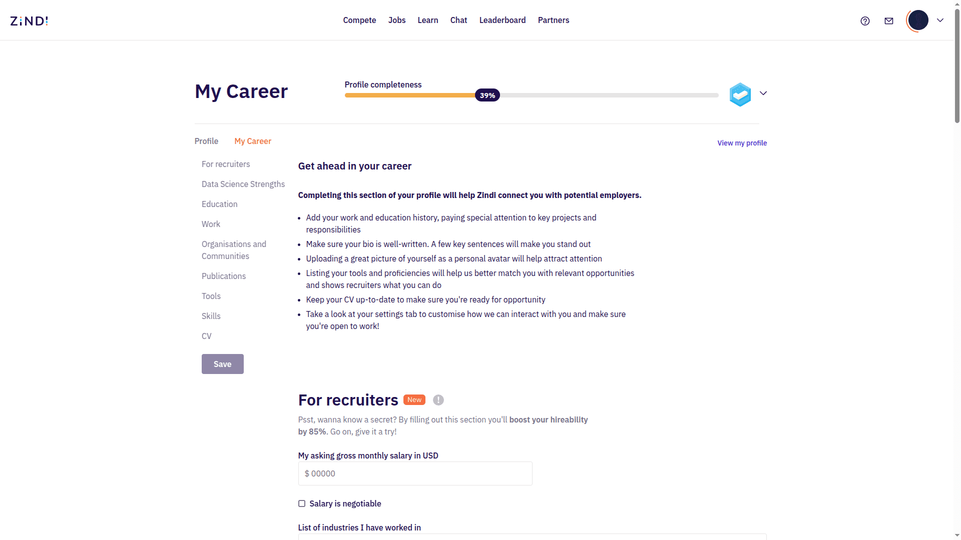 Zindi Profile Screenshot