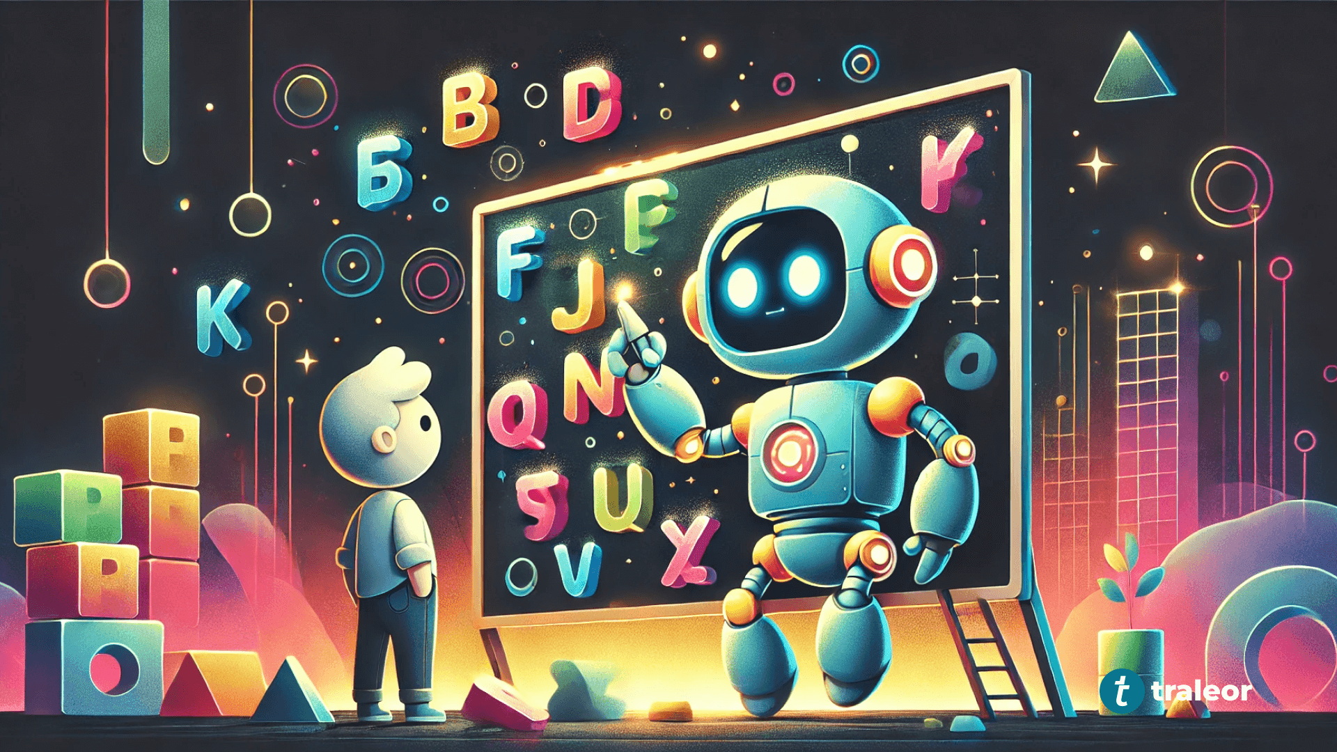 Robot showing letters of the Alphabet to a boy