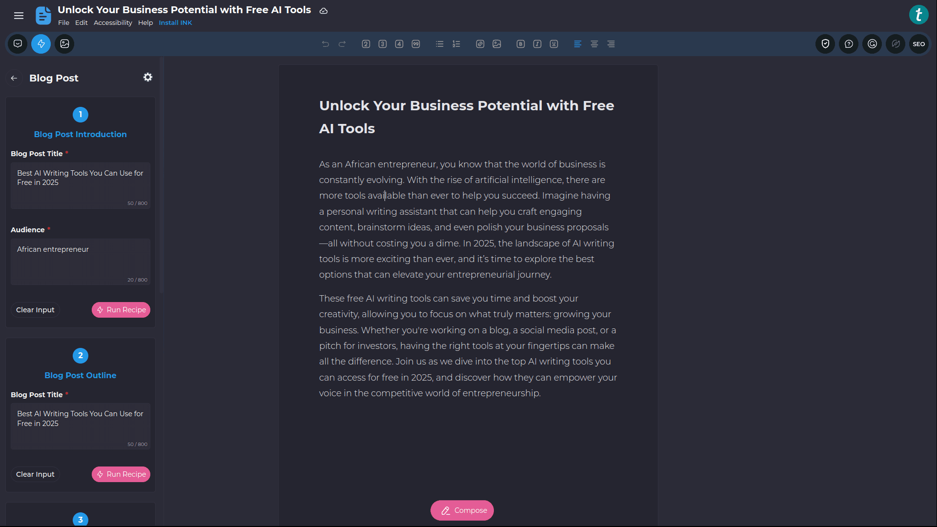Using Ink Ai Writer to Write a Blog