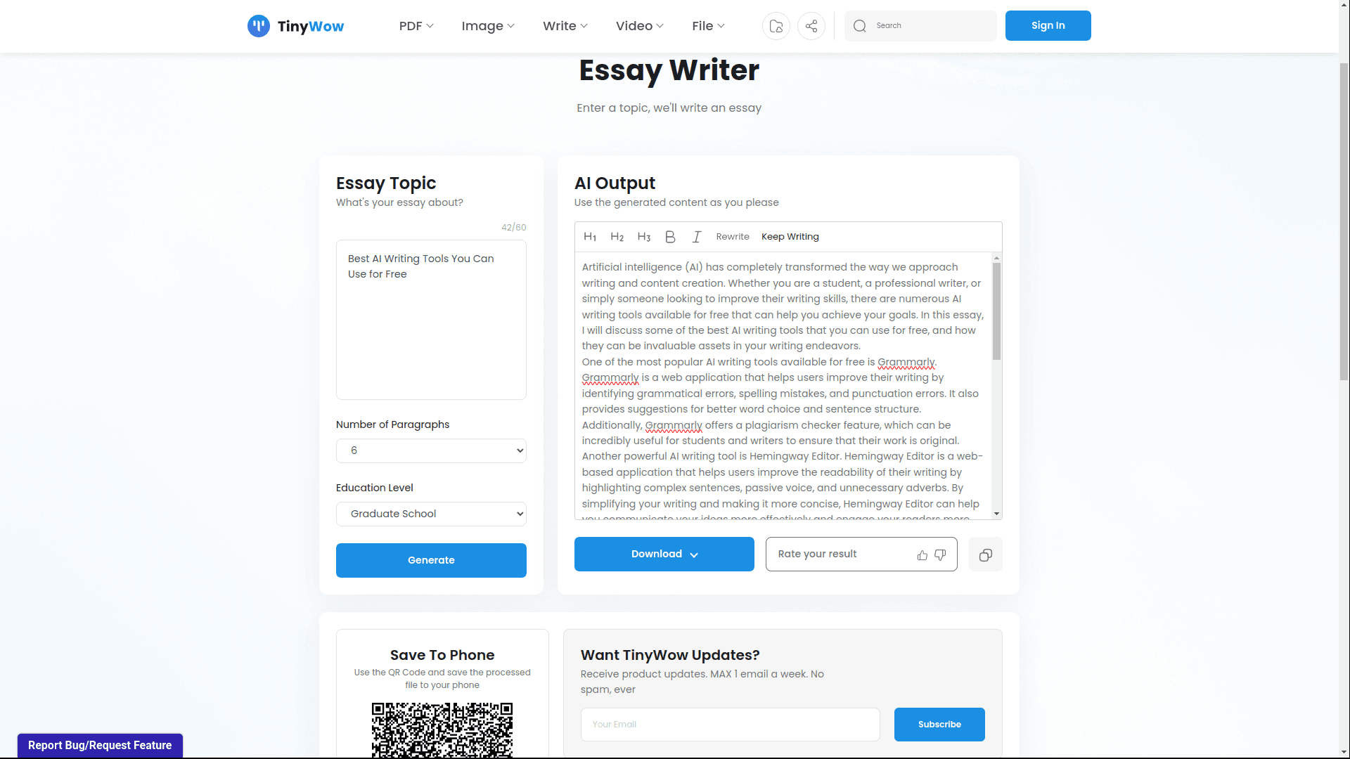 Drafting an Essay with Tinywow Essay Writer